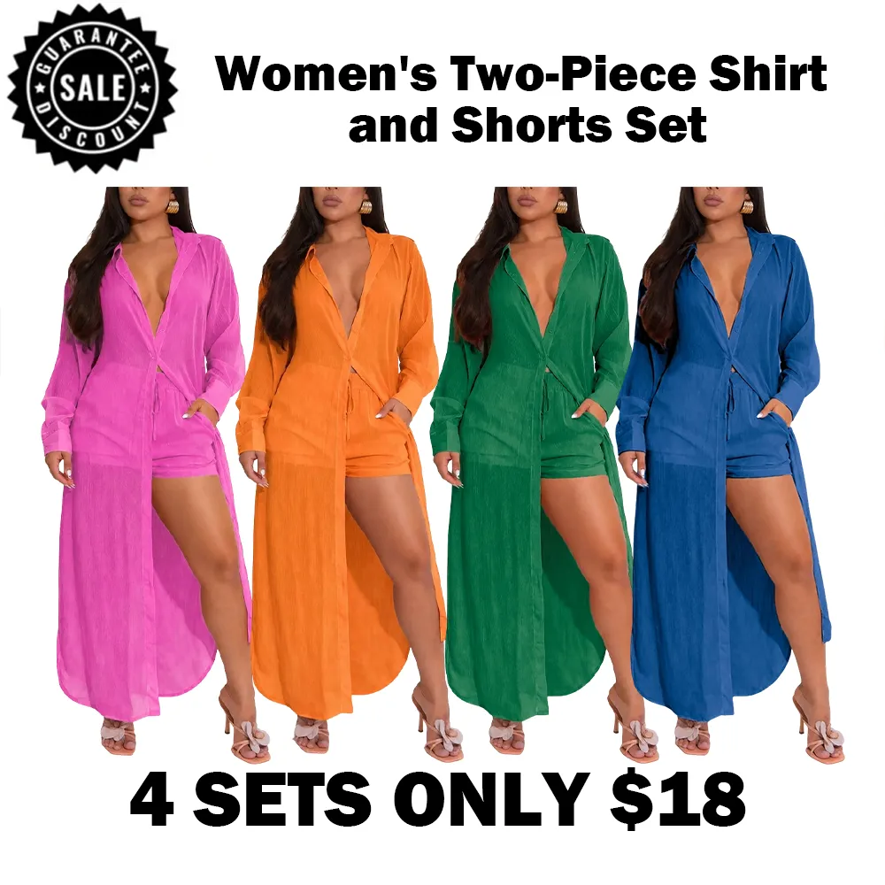 Women's Solid Color Button Front Shirt & Shorts Two-Piece Set