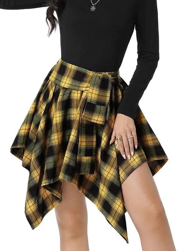 Women's Fashion Style Plaid Print Asymmetrical Hem High Waist Skirt, Casual Comfort Elastic Waist Tiered Layer Knee Length Skirt for Summer Going Out Streetwear, Fashionable Trendy Plaid Skirt, Womenswear Everyday Bottom
