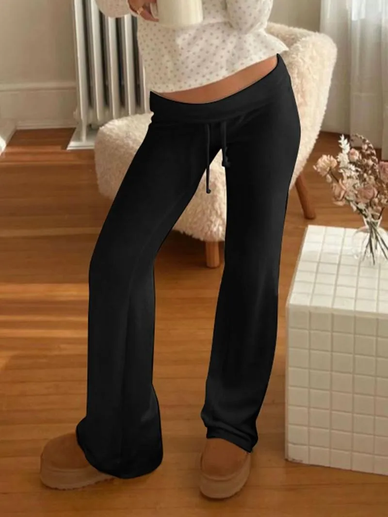 Women's Solid Adjustable Drawstring Waist Straight Leg Pants