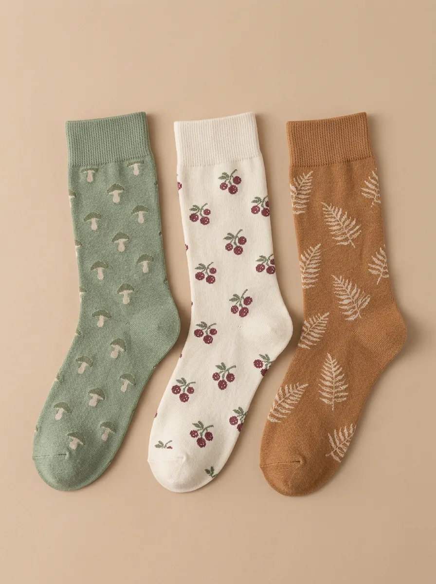 Casual Mushroom Fern Cherry Three Pair Sock Set
