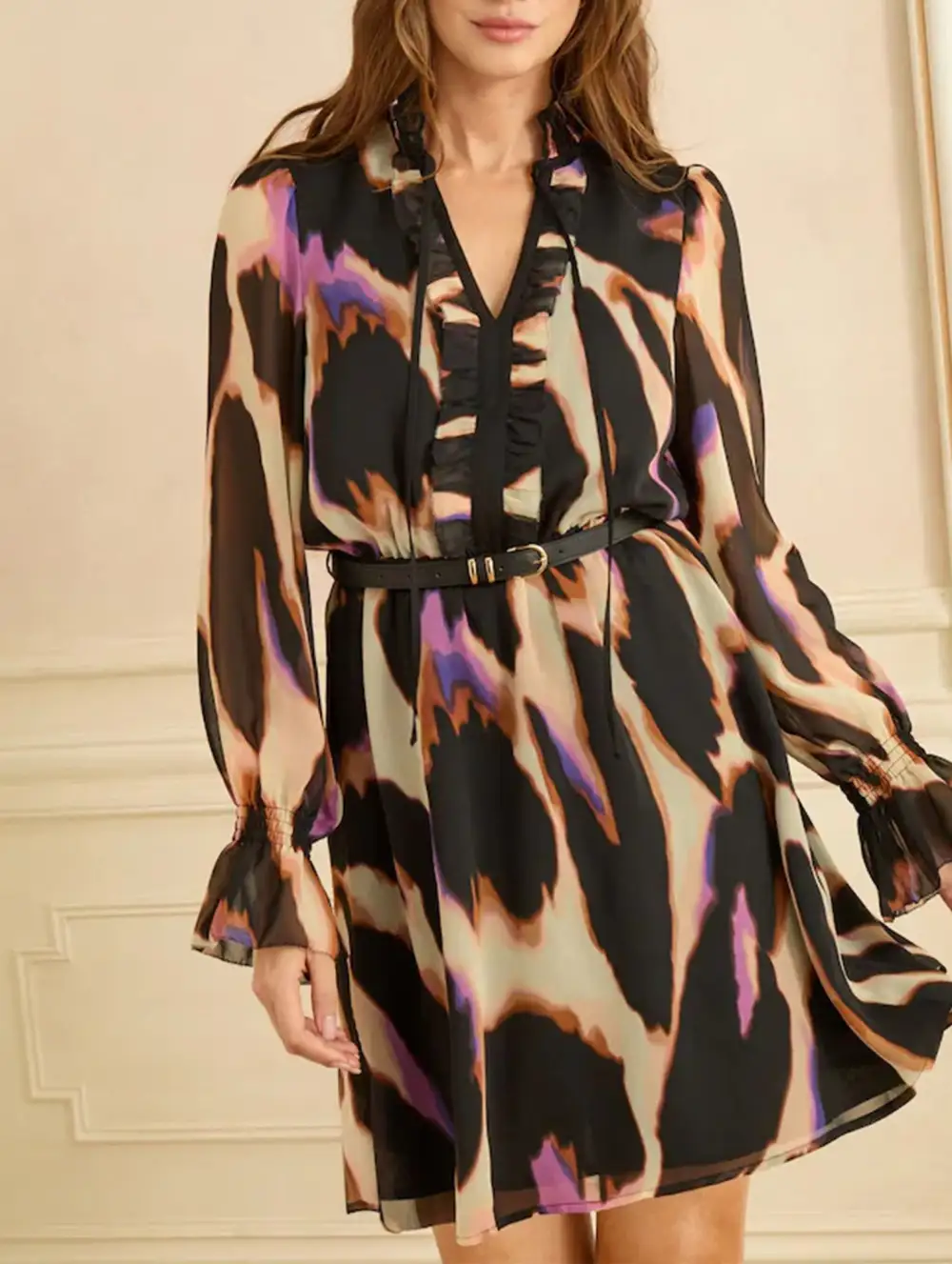 Printed V-Neck Bell Sleeve Slim Dress