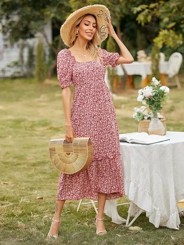 Women Square Neck Ditsy Floral Frill Trim Dress