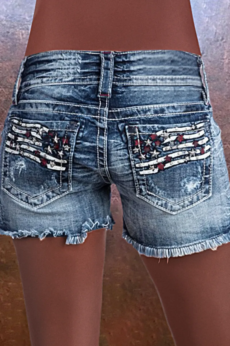 American Flag Patched Button Fly Raw Hem Denim Shorts