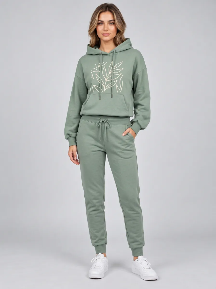 Women's Sage Green Drawstring Hood Dropped Shoulder Solid Hoodie & Pants Set