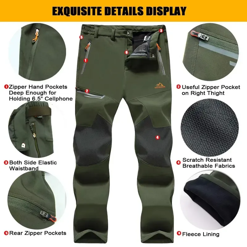 Men's Winter Pants Fleece Lined Ski Snow Pants Water Resistant 4 Zip Pockets Outdoor Work Pants FallFreshness Outdoorfun