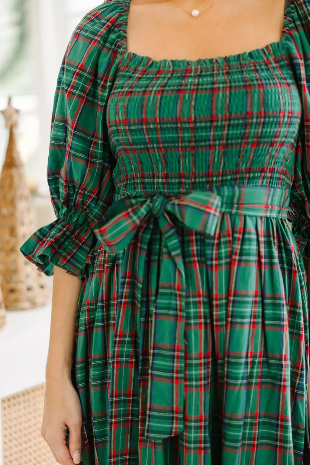 Finish Plaid Square Neck Puff Sleeve Midi Dress