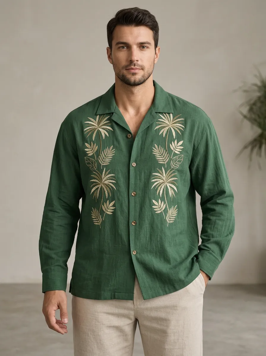 Men's Relaxed Palm Tree Embroidered Shirt