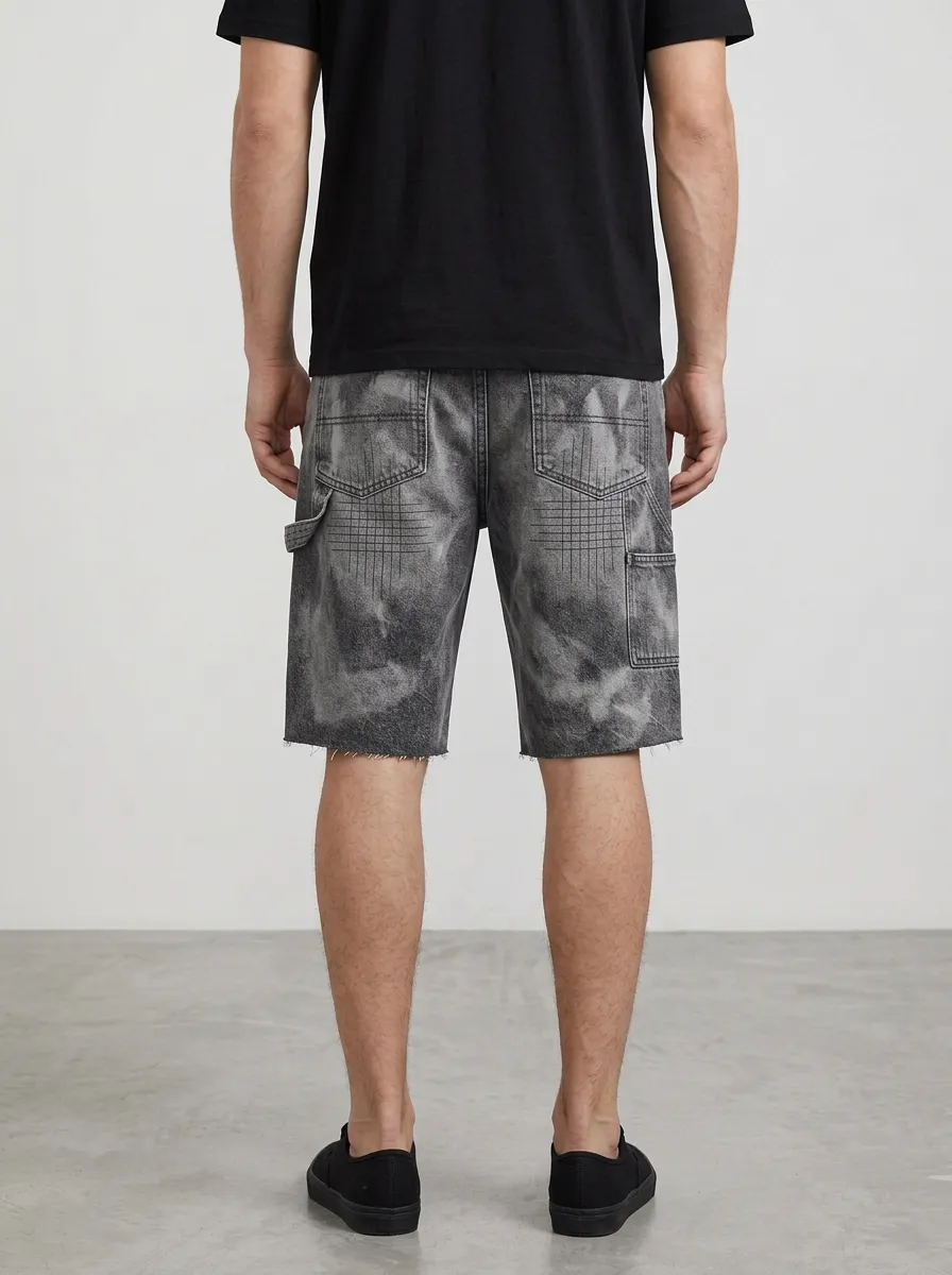 Storage-Ready Raw Hem Geometric Utility Look Men's Distressed Raw Hem Denim Shorts