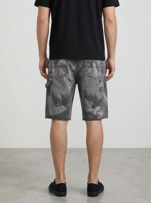 Storage-Ready Raw Hem Geometric Utility Look Men's Distressed Raw Hem Denim Shorts