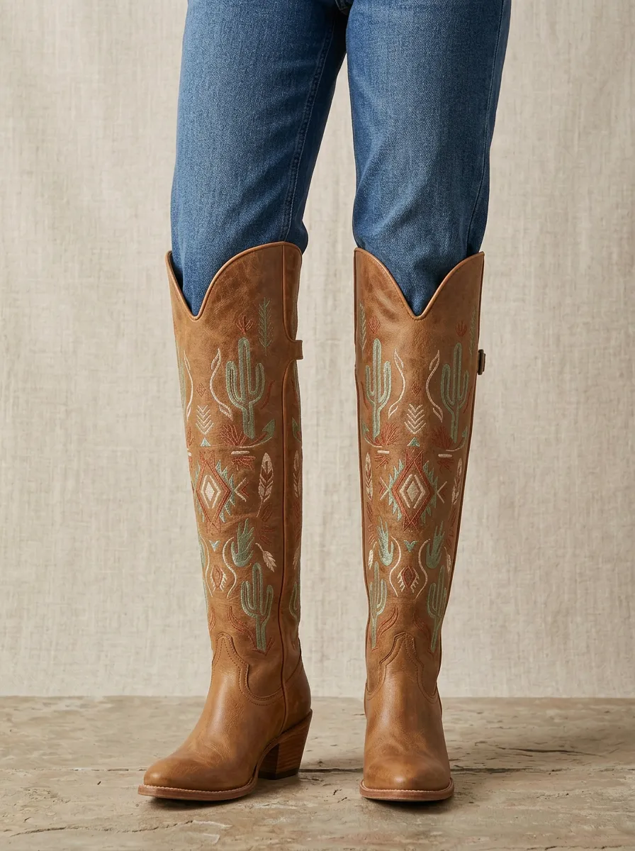 Women's Western Cactus Wing Feather Geometric Embroidered Pointed-Toe Denim Over-the-Knee Boots