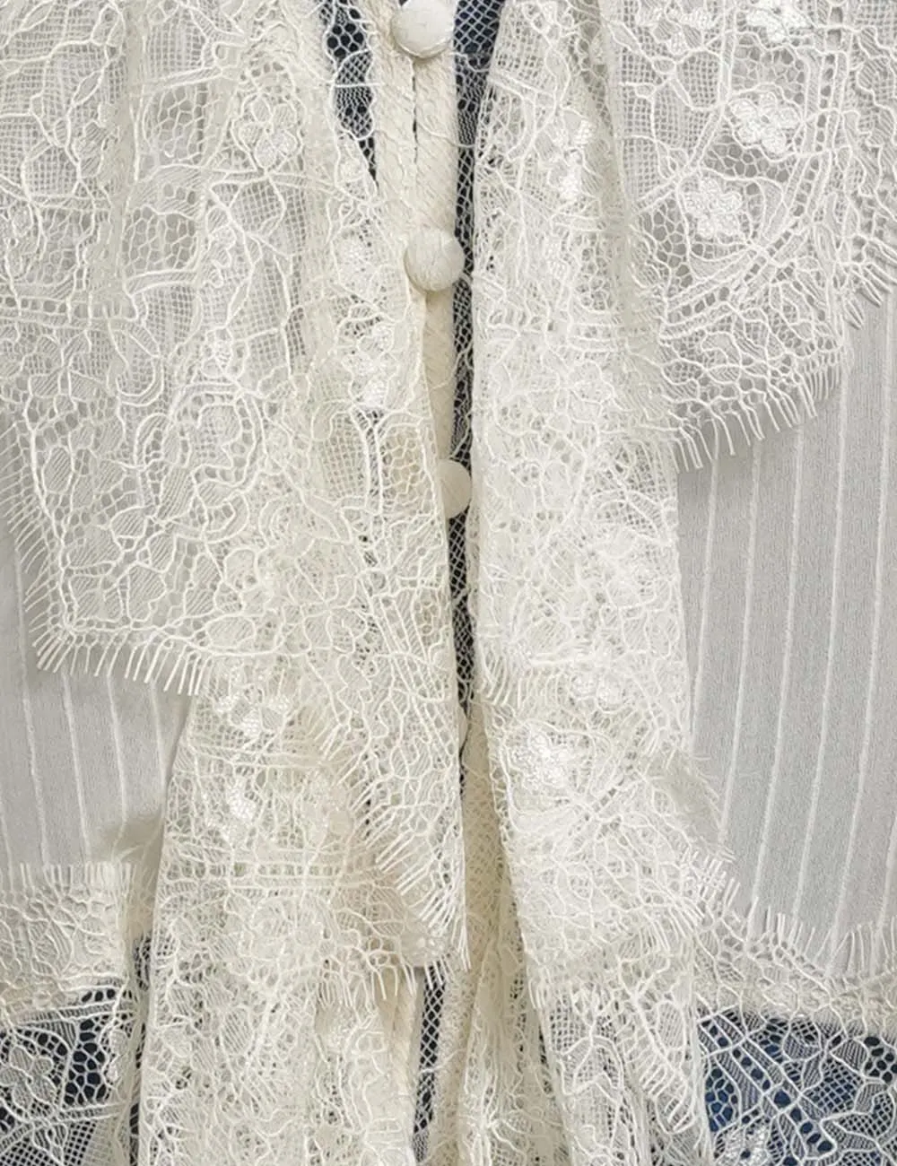 Sheer Lace Panel V Neck Button Front Blouse