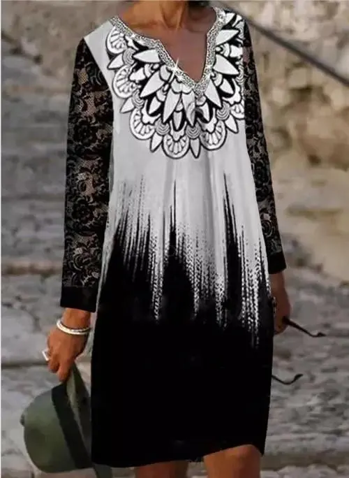 Lace Long-sleeved V-neck Digital Printing Casual Dress
