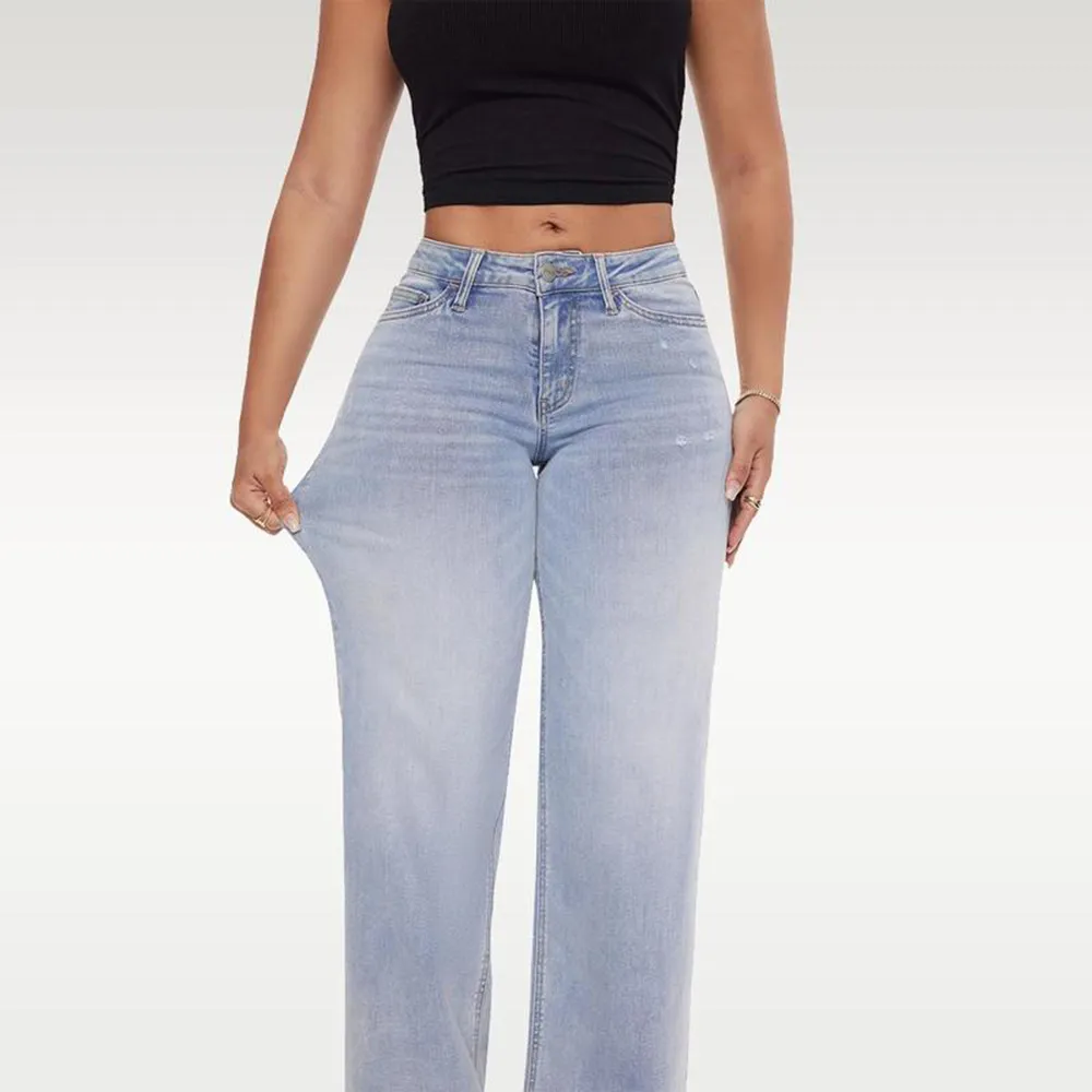 Women's Mid-Rise Baggy Jeans - Stretchy, Distressed, Comfortable Denim - Plus & Regular Sizes