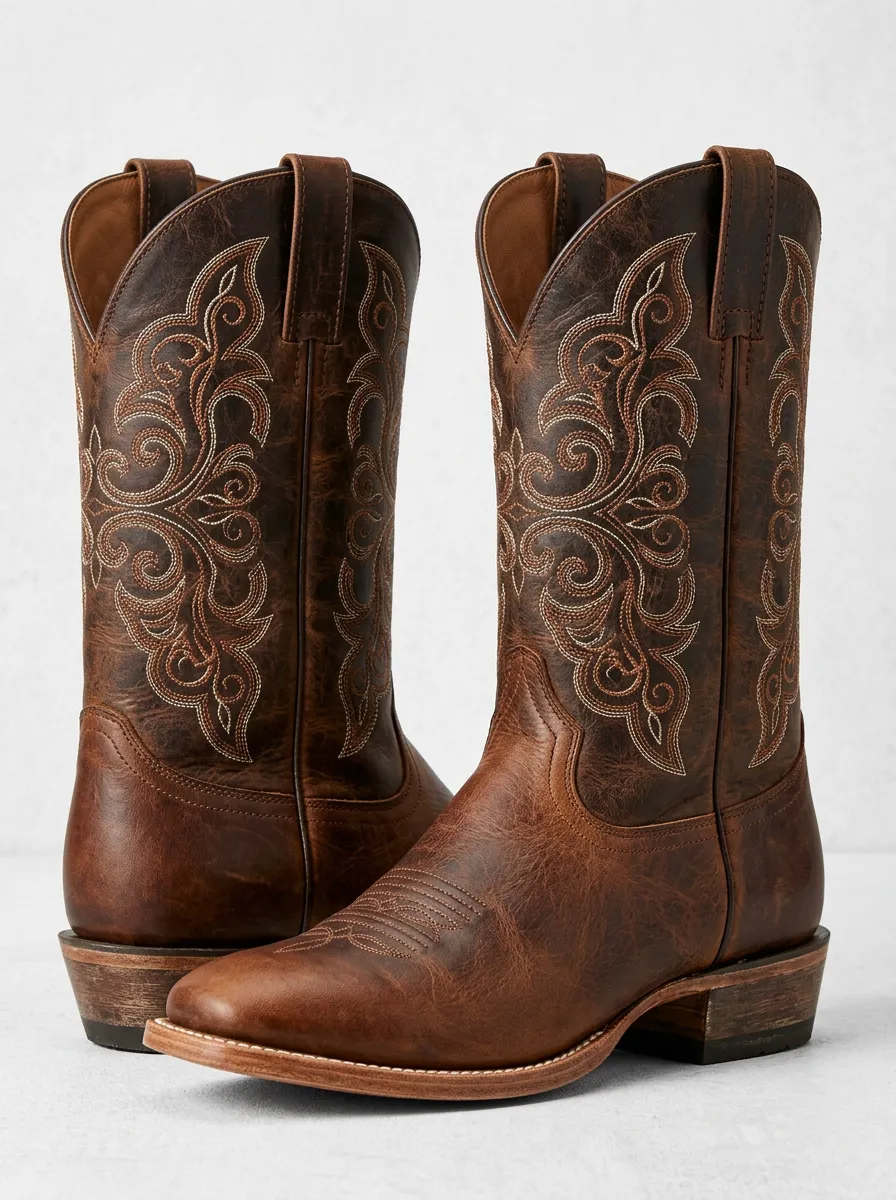 Men's Rustic Embroidered Distressed Leather-Look Silhouette Western Cowboy Boots