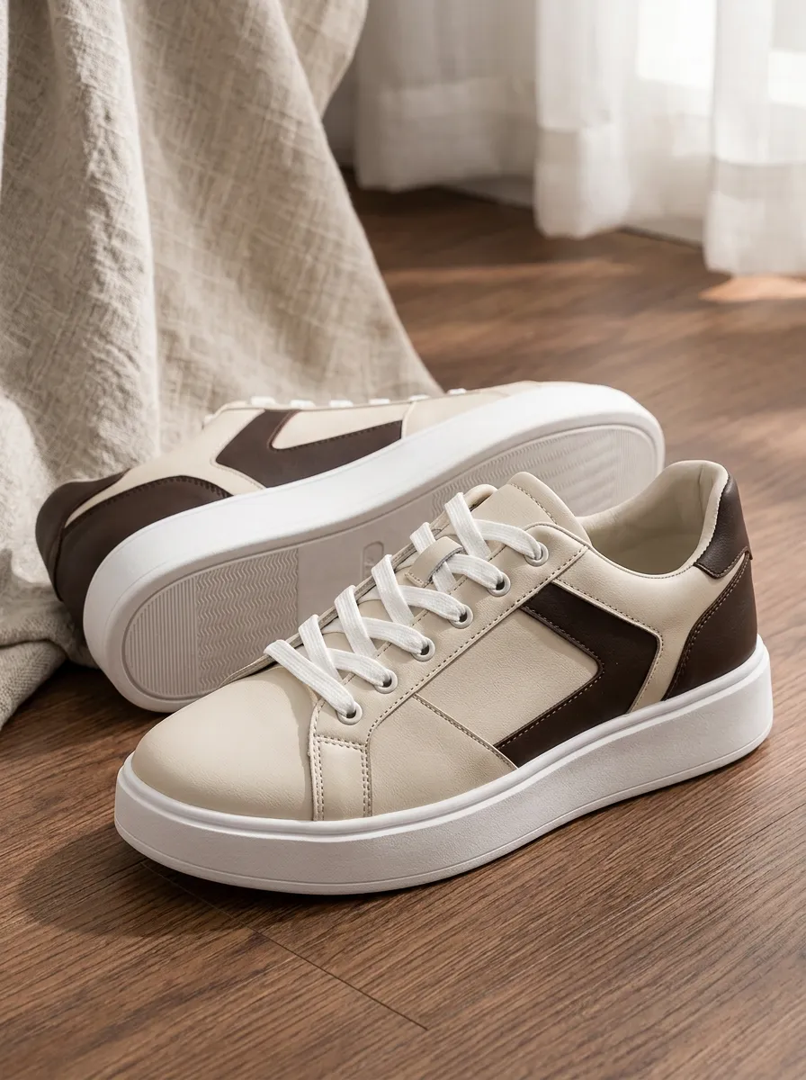 Women's Casual Two-Tone Brown Beige Colorblock Printed Sneakers
