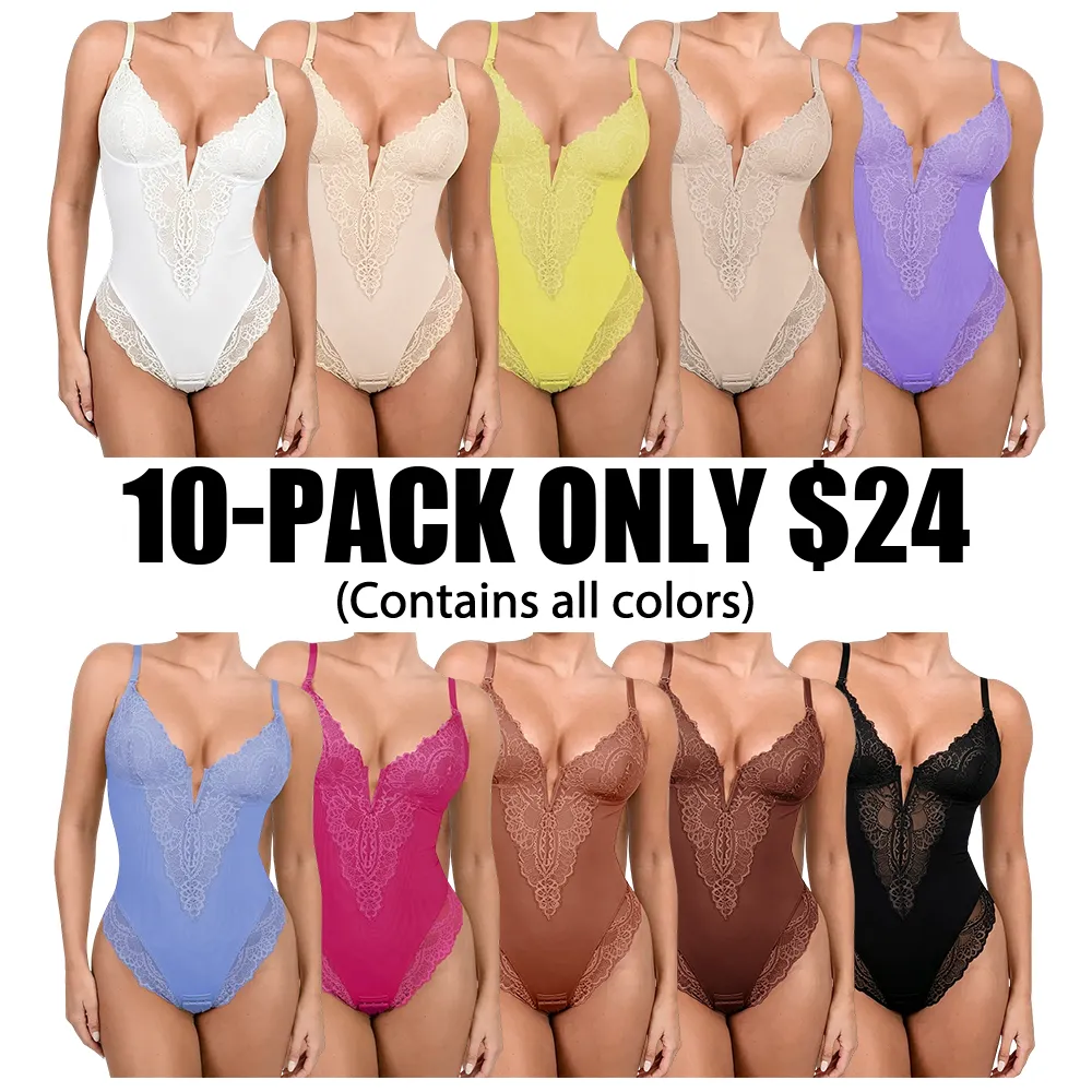 Womens Deep V Lace Bodysuit Built-in Shapewear Breathable Shaping Tops