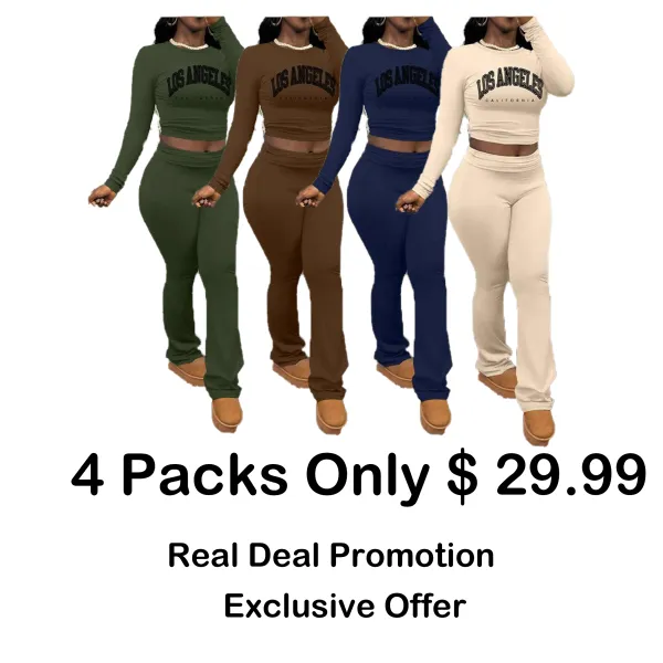 Women's Letter Print Long Sleeve Crop Tee & Plain Flare Leg Pants Two-Piece Set