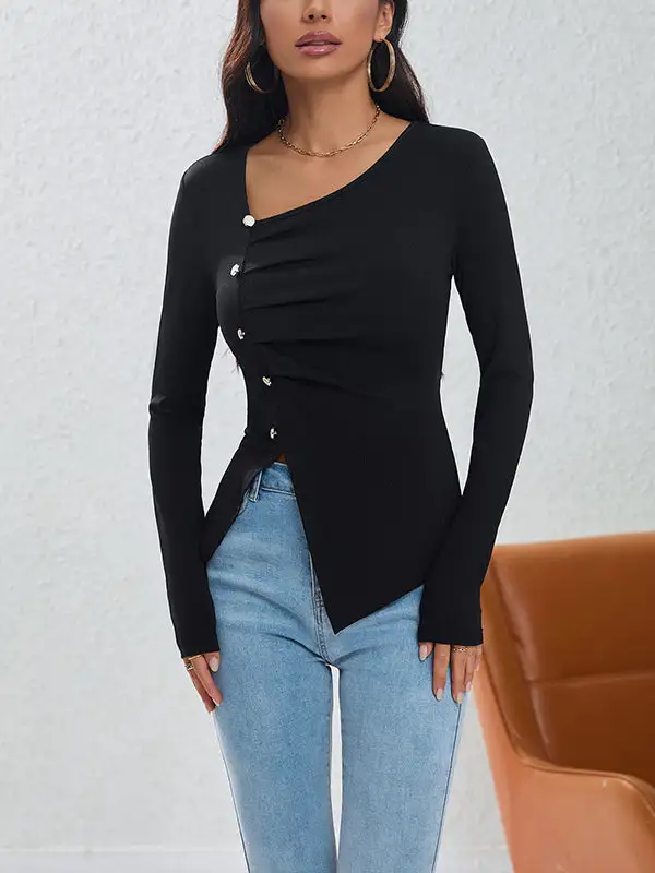 Long Sleeve Slim Fit Asymmetric Button Detail Pleat Detail Asymmetric Collar T-Shirt