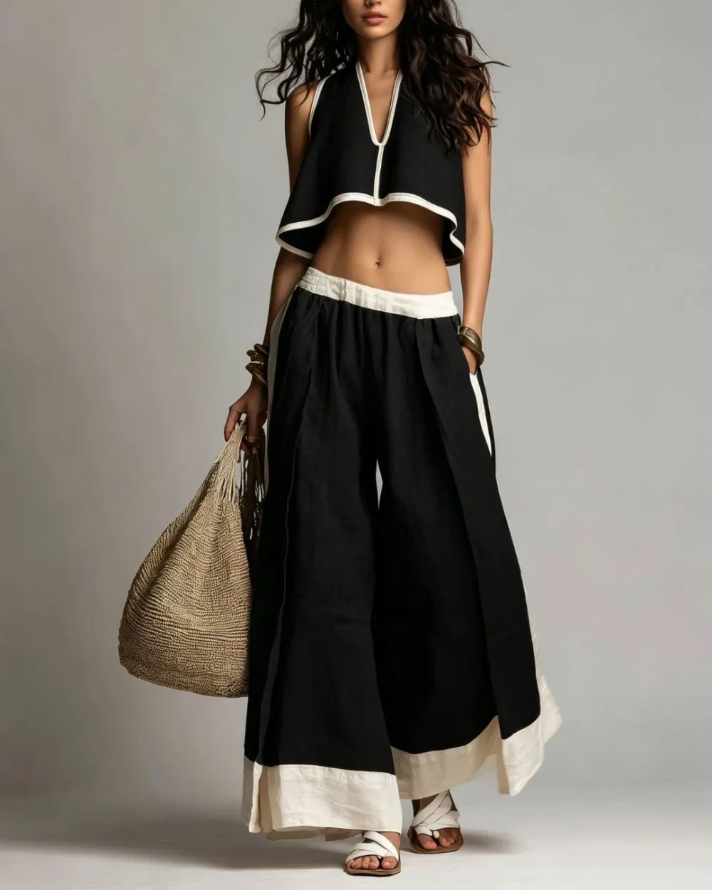 Plunging V-Neck Crop Top and Wide Leg Pants Set