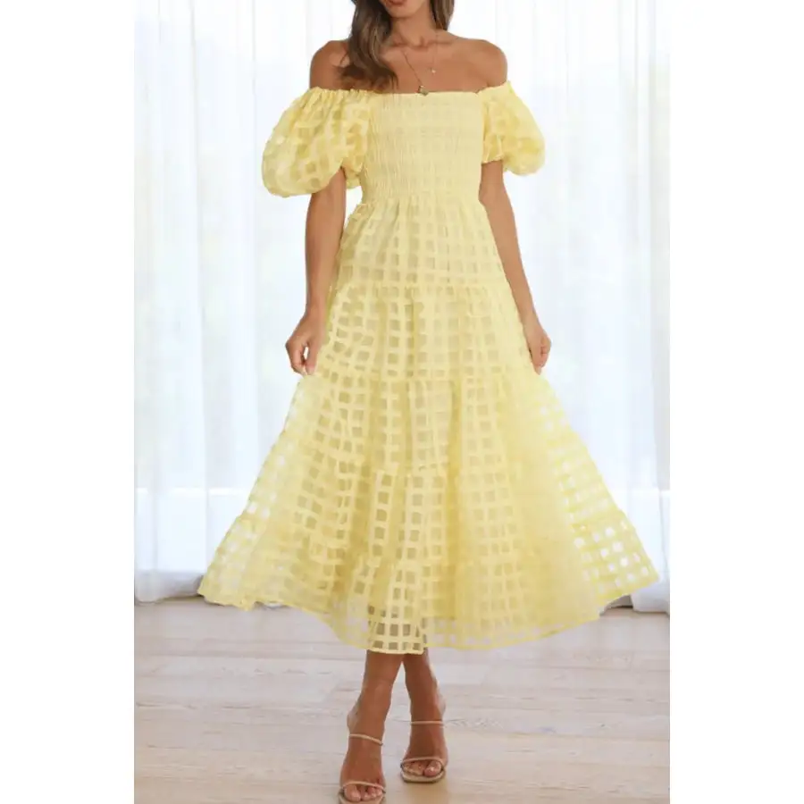 Off Shoulder Short Puff Sleeve Midi Dress
