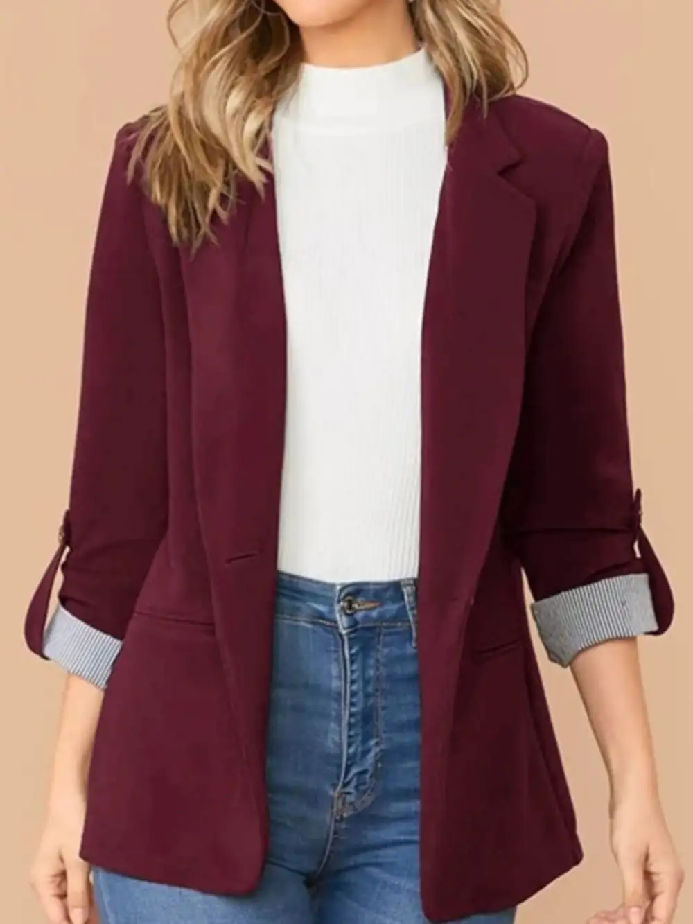 Lapel Collar Roll Tab Sleeve Blazer