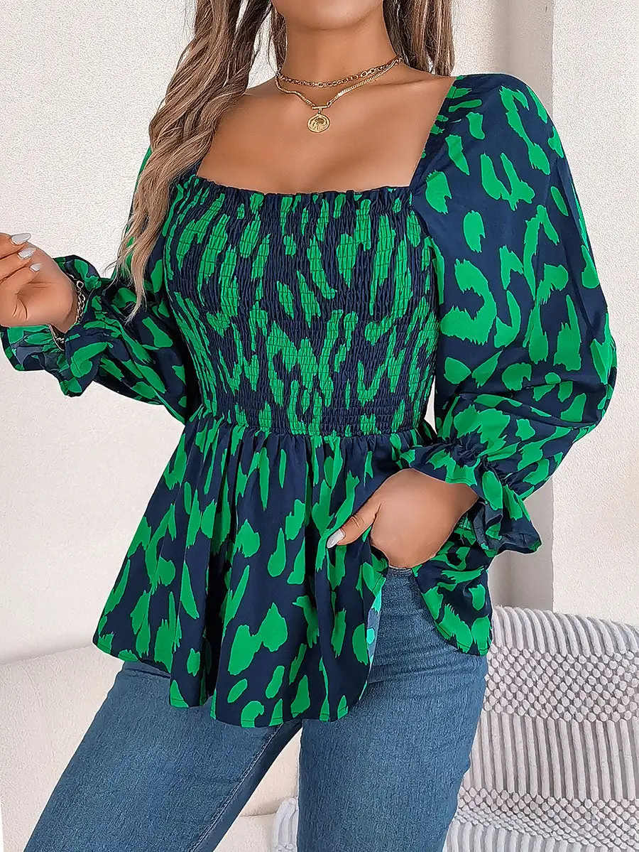 Long Sleeve Puff Sleeve Leopard Pleat Detail Ruffle Square Neck T-Shirt