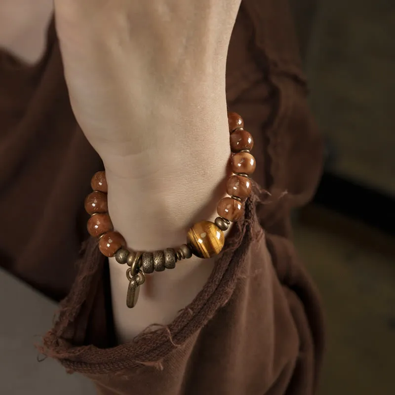 Kuka Seed Tiger Eye Obsidian Brass Copper Bracelet