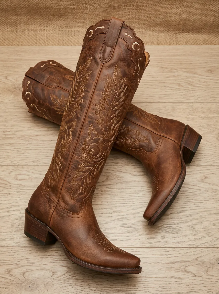 Women's Western Floral Moon Leaf Star Embroidered Block-Heel Denim Over-the-Knee Boots
