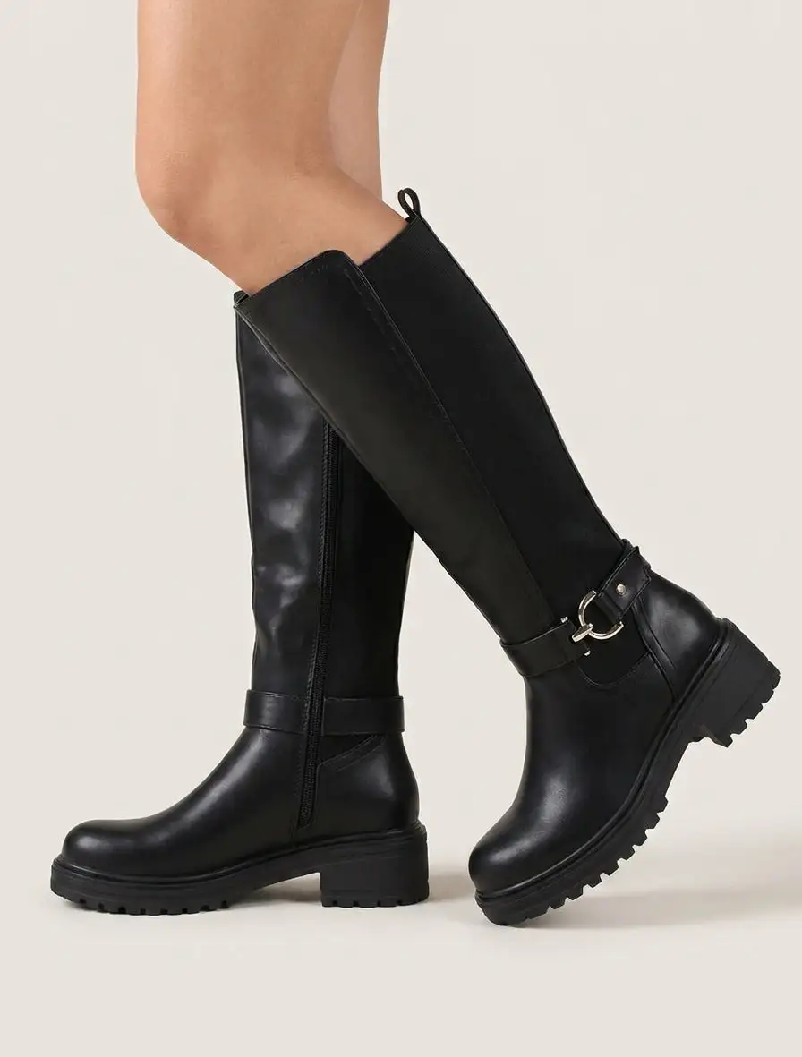 Classic Statement Stretch Panel Strap Detail Block Heel Faux Leather Knee High Boots
