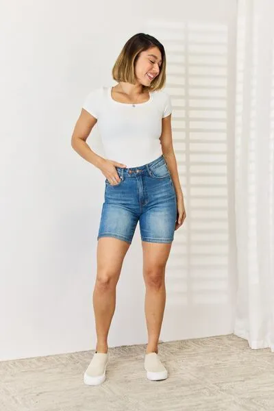Tummy Control Button Bermuda Shorts Denim Pants