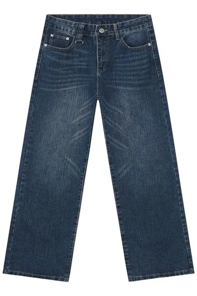Washed Pocketed Stretch Wide Straight Jeans