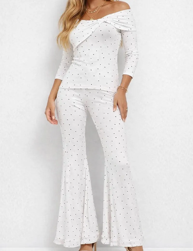 Chic Polka Dot Elastic Waist Flared Leg Pants