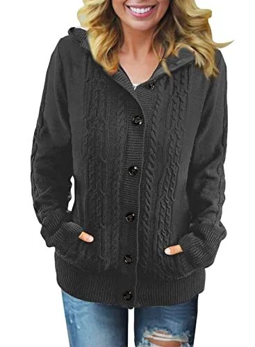 Women Hooded Knit Cardigans Button Cable Sweater Coat