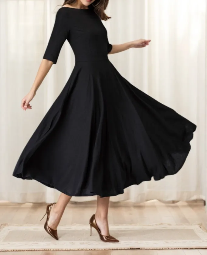 Relaxed Linen Cotton Fit And Flare Swing Midi Dress