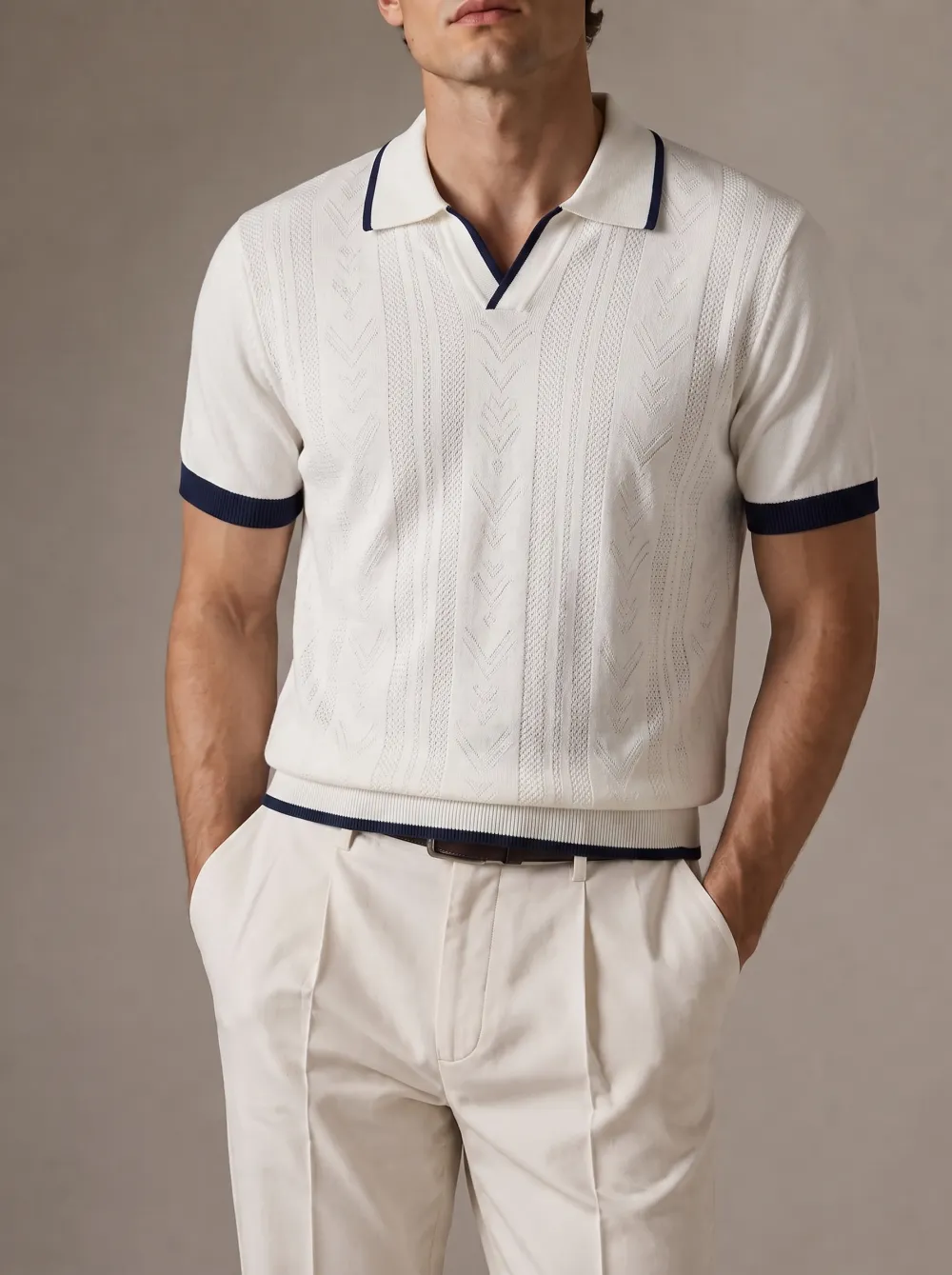 Men's Vintage Knit Textured Chevron Pattern Polo Shirt
