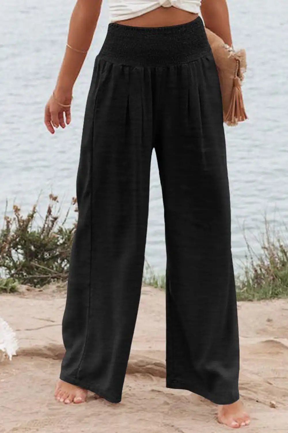 Shirred High Rise Plus Wide Leg Pants