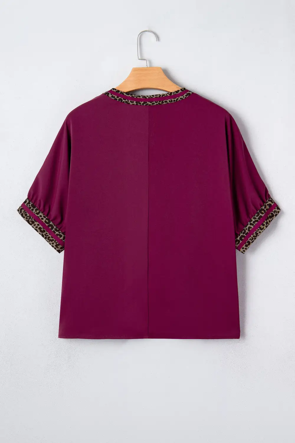 Red Dahlia Contrast Leopard Trim V Neck Short Sleeve Blouse