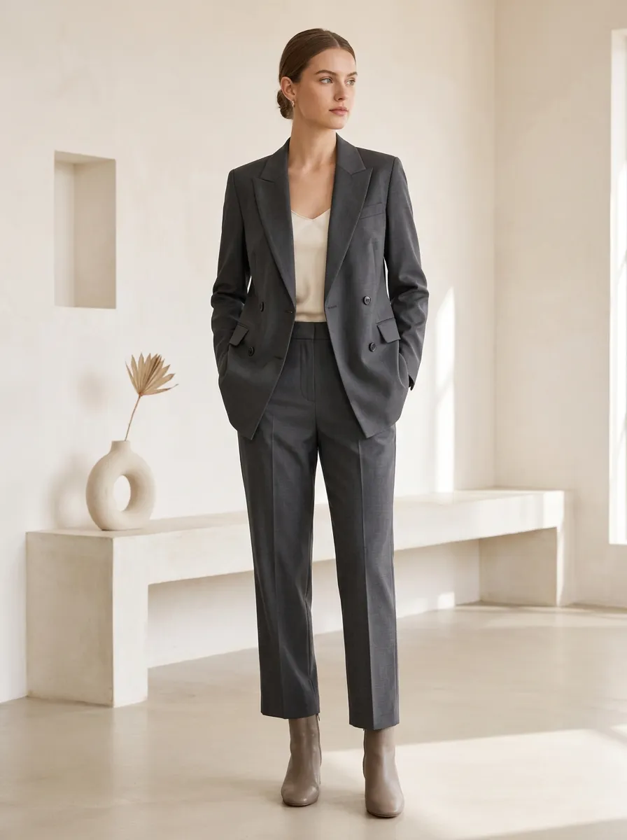 Women's Business Professional Charcoal Grey Double-Breasted Tailored Suit Set