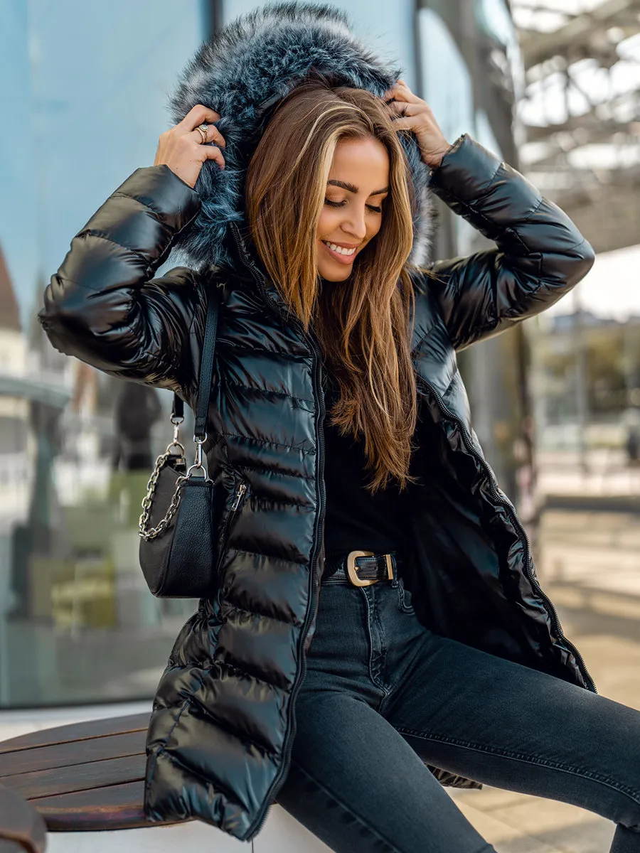 black women's long quilted winter jacket with hood