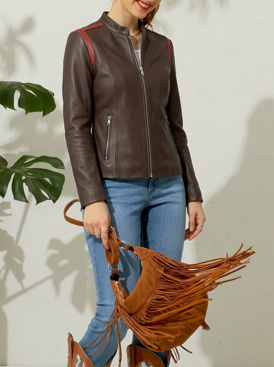 Women's Brown Faux Leather Contrast Panel Zip-up Jacket