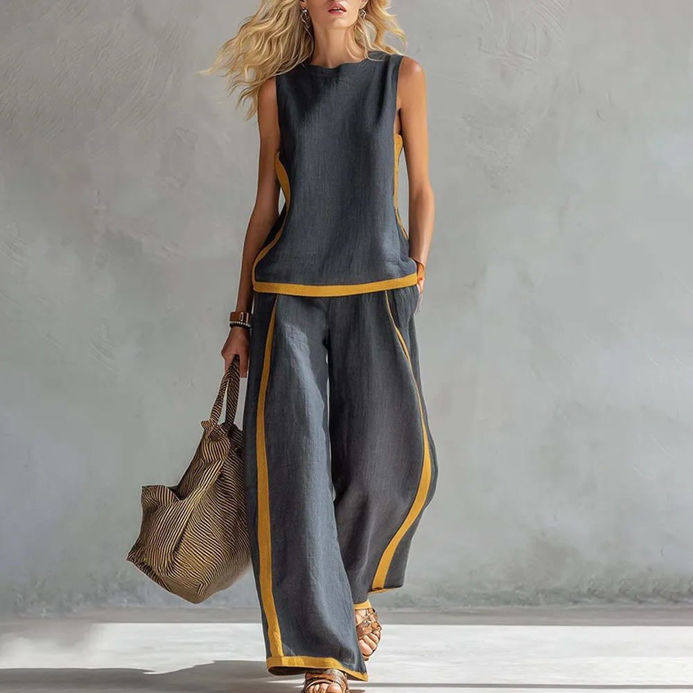 Linen Blend 2-Piece Set for Women Sleeveless Color Block Top Wide Leg Pants Set