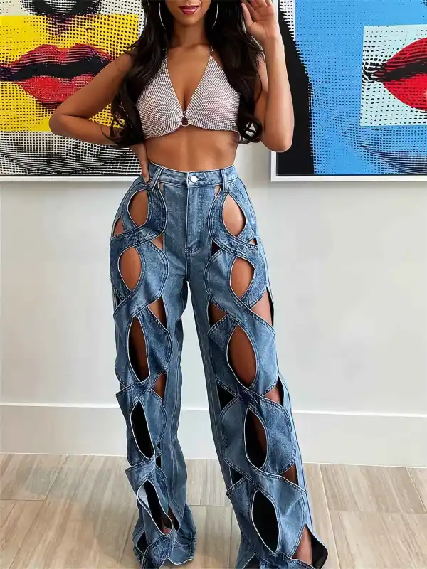 High-waisted Distressed Denim Jeans - Hollow-out Design