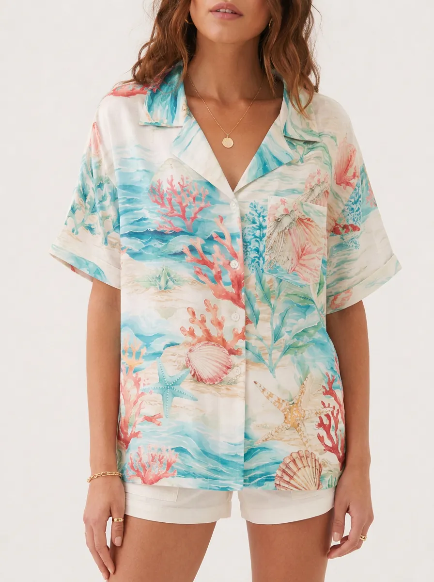 Women's Coastal Print Camp Collar Chest Pocket Short Sleeve Straight Hem Starfish Motif Shirt