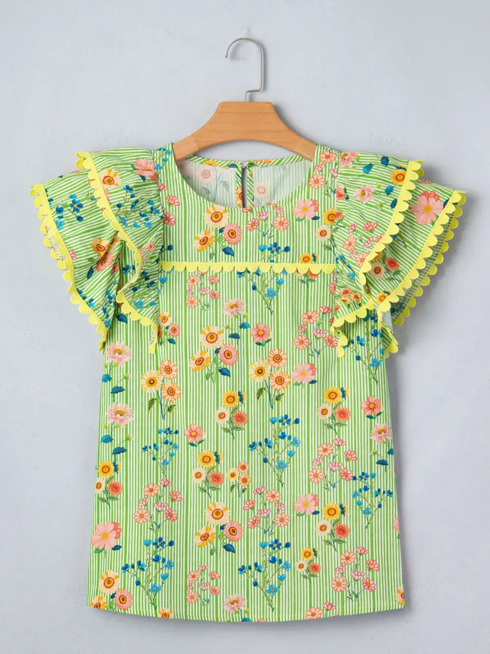 Stripe Floral Printed Scalloped Detail Ruffle Short Sleeve Blouse