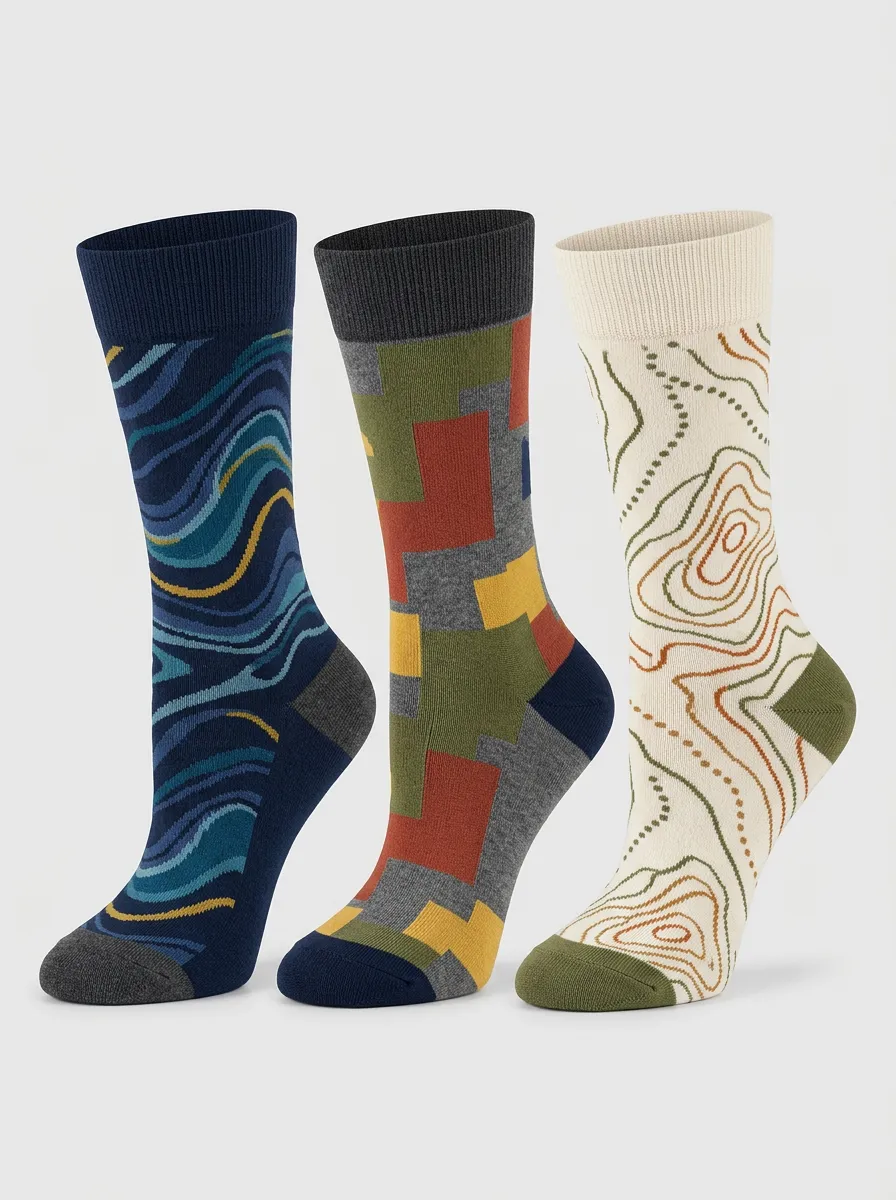 Men's Abstract Geometric Topographic Print Set Pairs Unique 3-Pack Socks