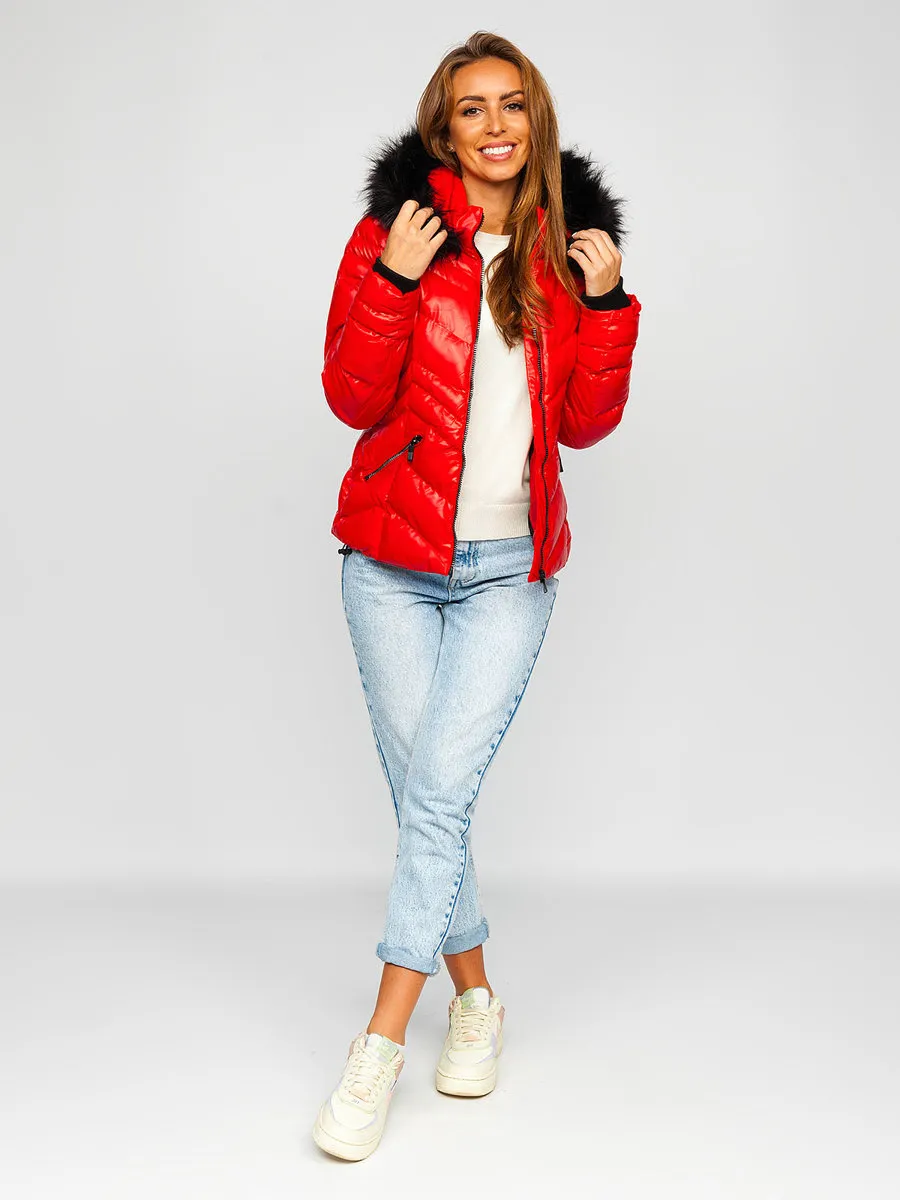 women's red quilted winter jacket with hood