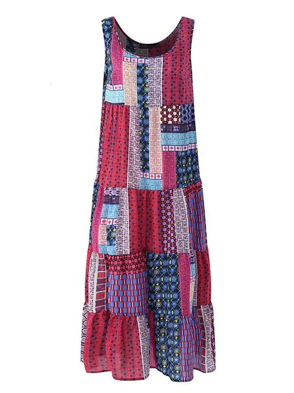 Casual Loose Sleeveless O-neck Vest Dress Irregular Print Sundress