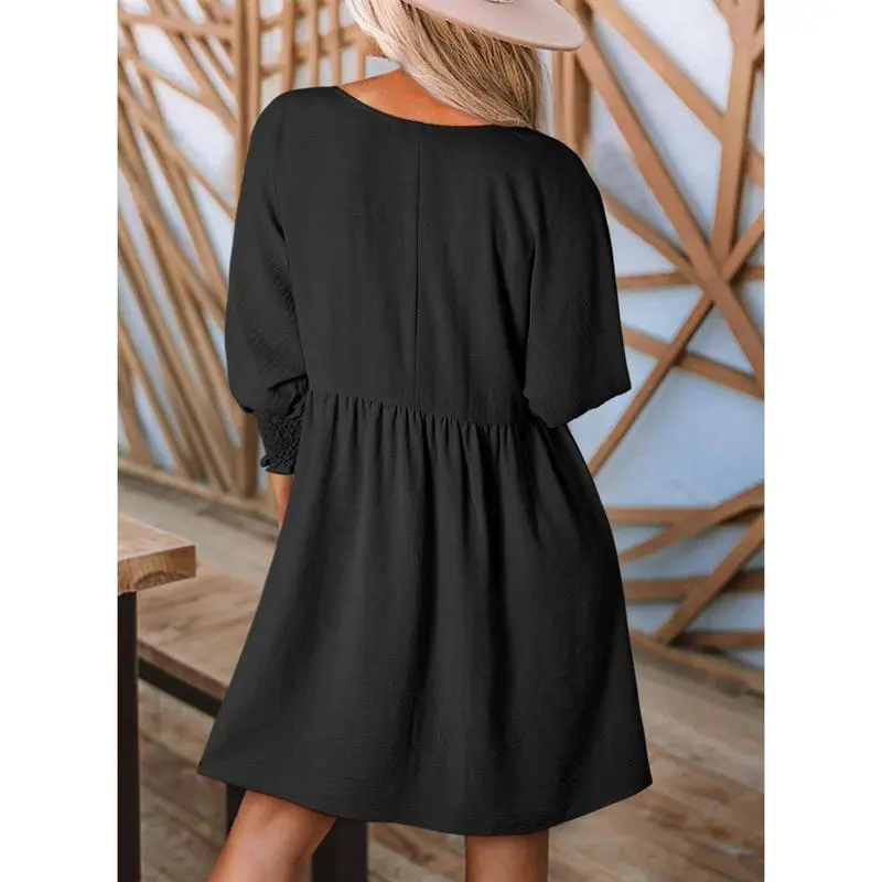 Women's Black Summer Tunic Dress Casual Loose Fit Short Sleeve Crew Neck Flowy Swing Mini Shift Sundress for Beach & Casual Dates