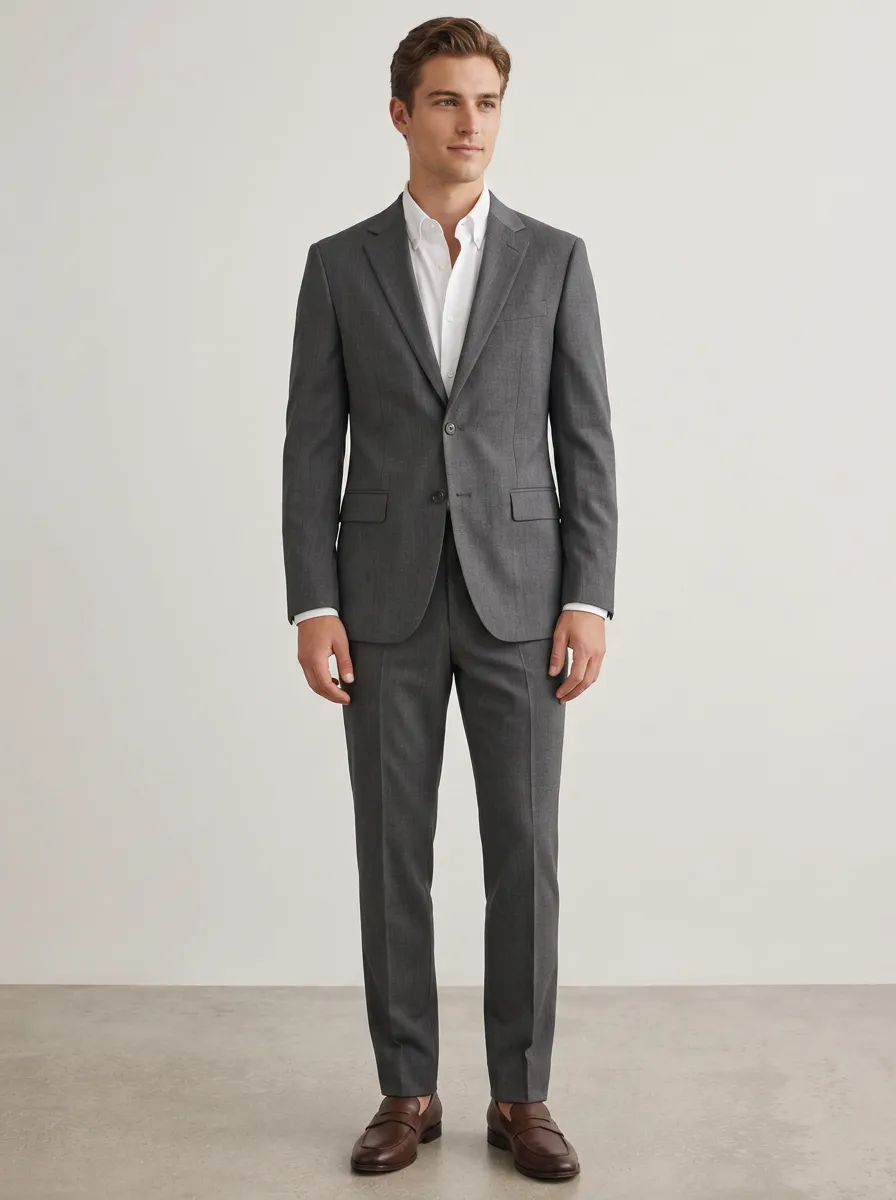 Men's Two Button Business Formal Grey Solid Tailored Suit Set