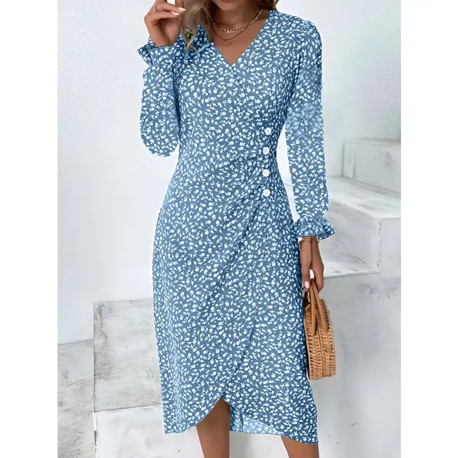 Full Size Surplice Long Sleeve Midi Dress